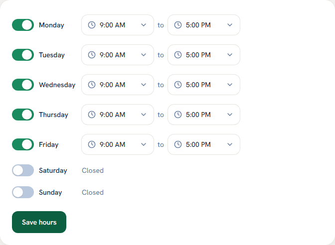 Weekly availability hours in the Calmento dashboard
