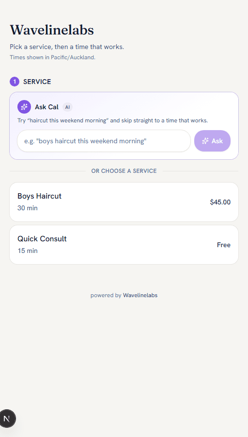 A client choosing a service on the shared Calmento booking page